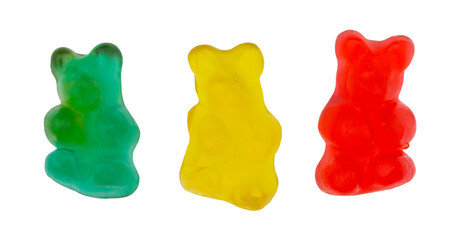 Three colorful gummi bear sugar candies isolated on a white background.