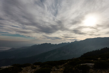 Panoramic views of the Sierra de Guadarrama National Park from the Cuerda Larga path. Madrid's community. Spain