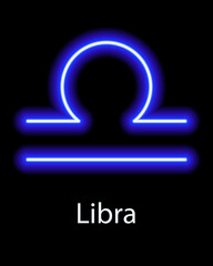 Blue neon zodiac sign Libra with caption. Predictions, astrology, horoscope.