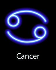 Blue neon zodiac sign Cancer with caption. Predictions, astrology, horoscope.
