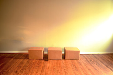 Cardboard moving boxes along a wall of an empty room in a new house. Sun light shines from the side onto hardwood floors and blank wall.