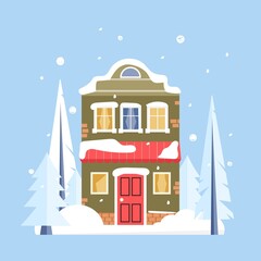 Town house, winter exterior with building facade, snow, trees. Vector illustration in flat style