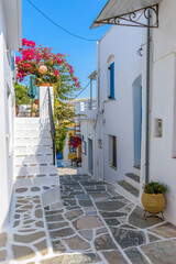 Picturesque alley with a full blooming bougainvillea and Whitewashed traditional houses in Lefkes Paros Greece.