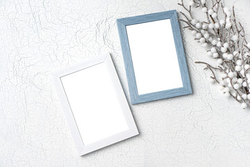 Two wooden frames mockups in winter theme. Top view. Copy space.