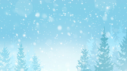 Blue winter background. Snowfall in the forest. Deep snow. Snowflakes whirl in the cold air. Snow-covered pine trees and a blizzard.