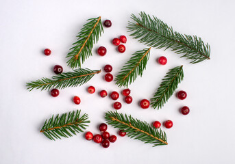 Fototapeta na wymiar Christmas composition with fir twigs and cranberries on white paper background