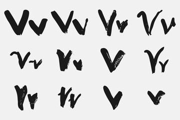 Letter V written by hand. Black letter V written in grunge calligraphy. Different versions of the font are hand-drawn in a careless style. Vector eps illustration.