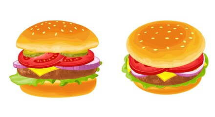 Hamburger with meat, lettuce, cheese, cucumber, onion and tomato.