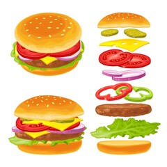 Hamburger with meat, lettuce, cheese, onion and tomato