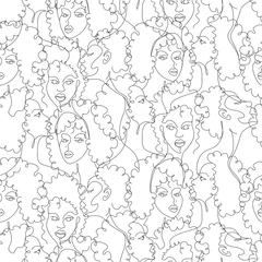 Wall murals One line African young girl seamless pattern in one line drawing style. Colored page background. Black and white