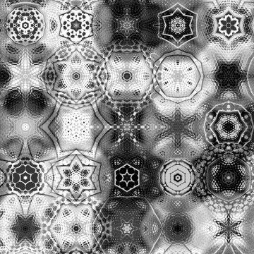 monochrome hexagonal mosaic futuristic designs and patterns on a black and white background snowflake style