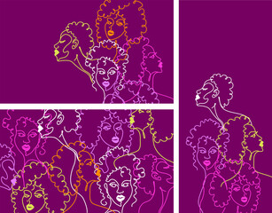 Afro American beautiful women illustration in one line drawing style. Banners set with space for text. Editable stroke