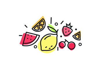Set of colorful fruit icons isolated. Trendy linear style. Healthy lifestyle. 