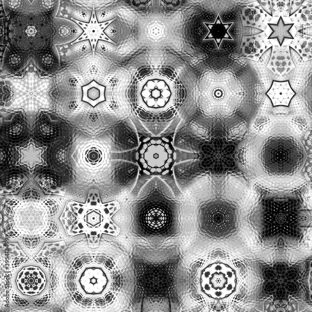 Aufkleber monochrome hexagonal mosaic futuristic designs and patterns on a black and white snowflake backgroun