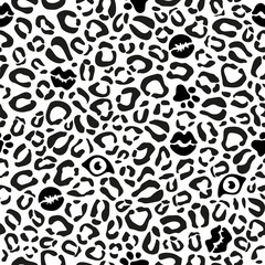 Seamless pattern with kissing lips, animal eyes and tracks on leopard animal skin background. Black and white