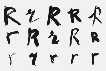 Letter R written by hand. Black letter R written in grunge calligraphy. Different versions of the font are hand-drawn in a careless style. Vector eps illustration.