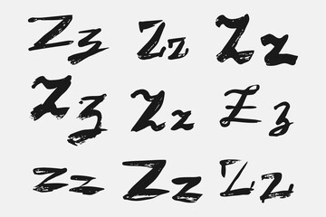 Letter Z written by hand. Black letter Z written in grunge calligraphy. Different versions of the font are hand-drawn in a careless style. Vector eps illustration.