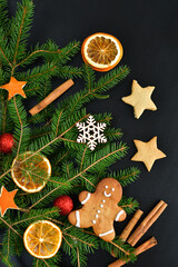 Dark christmas background with snowflakes, spices, candy cane, fir tree and gingerbread cookies. Copy space for text.