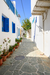 Fototapeta na wymiar Cobbled street decorated with flower pots in Chora on Folegandros Island. Cyclades, Greece