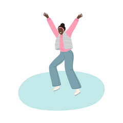 Black girl in warm clothing enjoying skating on ice in winter park