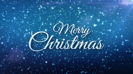 Falling snowflakes and Merry Christmas title on blue dark background with lens flare.