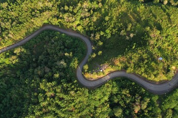 Aerial view of hilly region showing forests, roads and slopes.