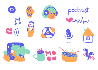 Radio host flat vector illustration. Media hosting doodle drawing. Podcast.Broadcaster icon isolated cartoon character.Listen and relax.