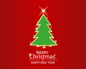 Simple golden and glossy Christmas tree isolated on red background