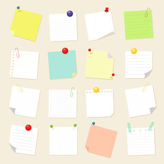 A set of paper for notes. Collection of square sheets of reminder paper. Vector isolates.