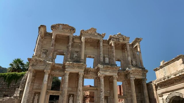 Footage of The Library of Celsus at famous ancient Greek city called "Ephesus" on the coast of Ionia located southwest of Sel&ccedil;uk in İzmir, Turkey.