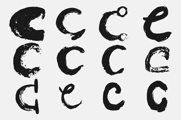 Letter C written by hand. Black letter C written in grunge calligraphy. Different versions of the font are hand-drawn in a careless style. Vector eps illustration.
