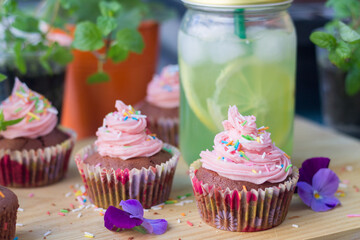 Chocolate-berry cupcakes (with pink frosting)
