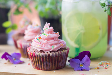 Chocolate-berry cupcakes (with pink frosting)