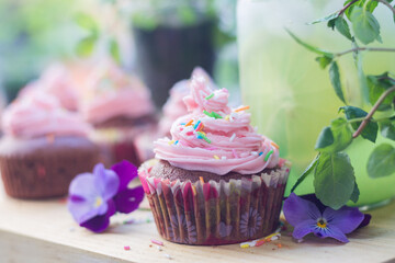 Chocolate-berry cupcakes (with pink frosting)