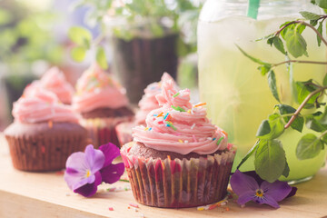 Chocolate-berry cupcakes (with pink frosting)