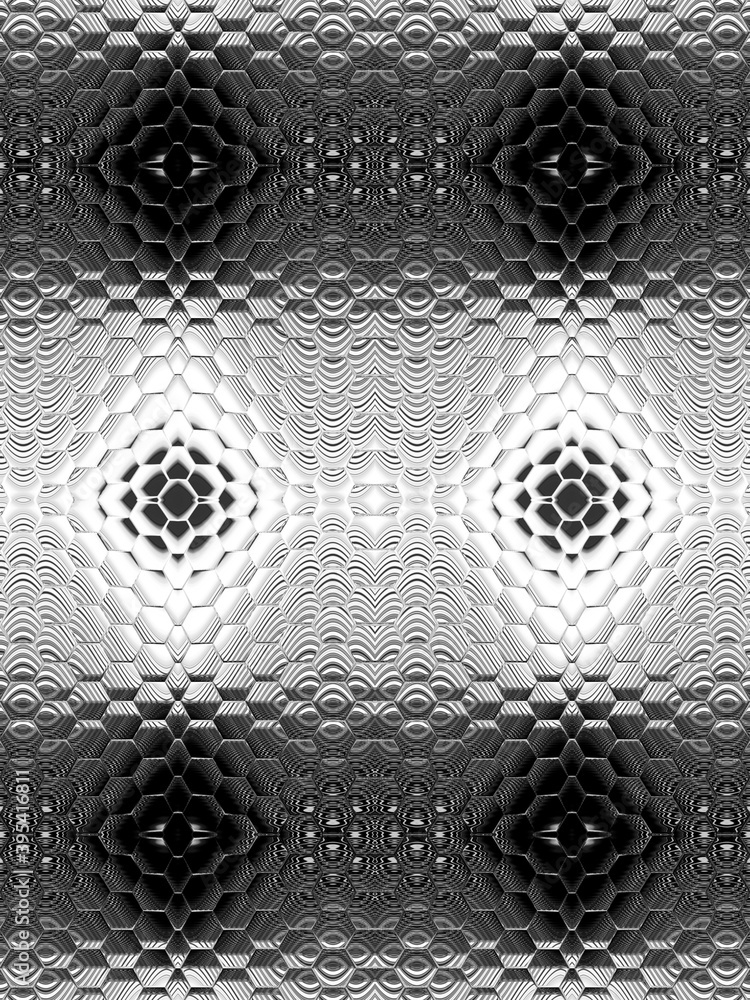 Poster monochrome hexagonal mosaic futuristic designs and patterns on a black and white background