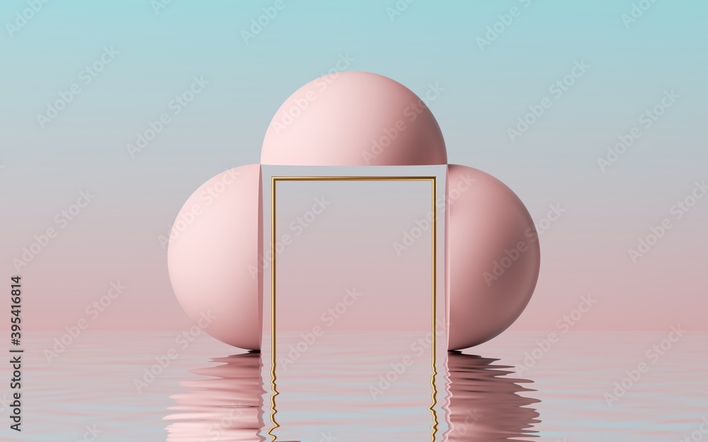 Poster 3d render, abstract modern minimal pink blue background with golden square frame, pink hemispheres a