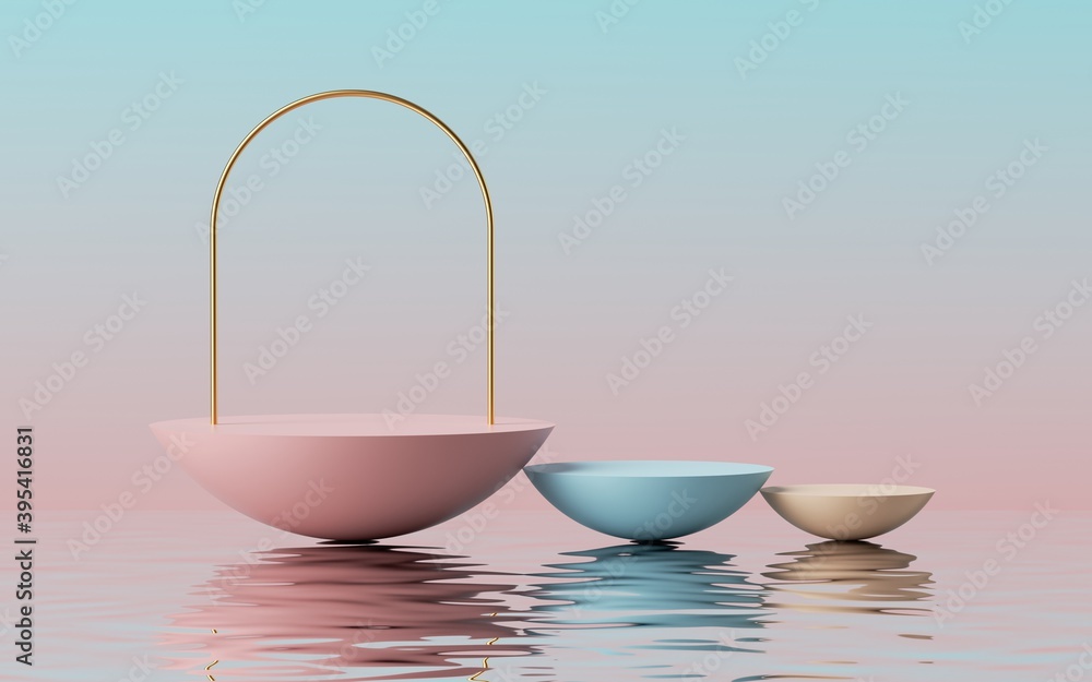 Poster 3d render, abstract modern minimal pink blue background with empty hemisphere podium, golden arch fr