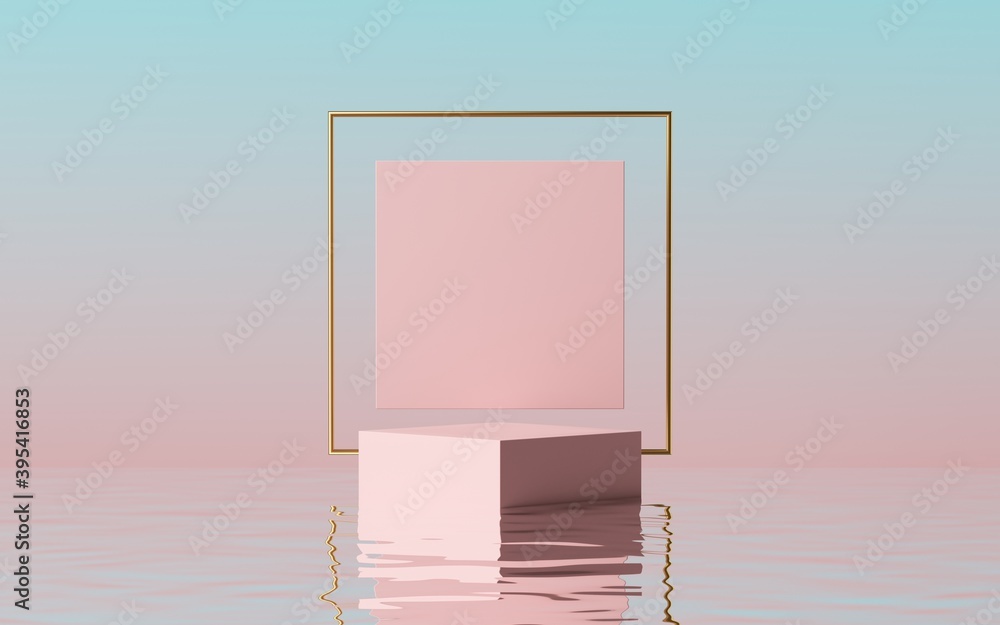 Poster 3d render, abstract modern minimal pink blue background with empty podium, golden square frame and r