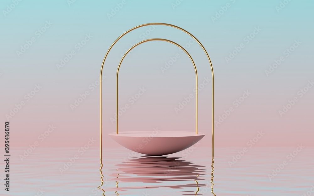 Poster 3d render, abstract modern minimal pink blue background with empty hemisphere podium, golden arch fr