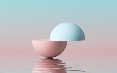 3d render, abstract modern minimal background with pink blue hemispheres and reflection in the water on the wet floor. Showcase with space for product displaying