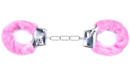 Sex handcuffs with pink fur on a white background isolated. bdsm role play