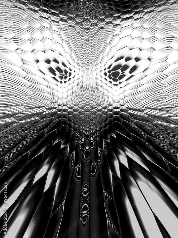 Poster monochrome hexagonal mosaic futuristic designs and patterns on a black and white background