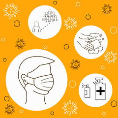 Prevention line icons set . Contains such icons man in mask, hand sanitizer, wash hands. Coronavirus epidemic concept. Vector illustration.