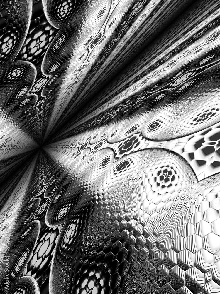 Poster monochrome hexagonal mosaic futuristic diminishing perspective surface designs and patterns on a bla
