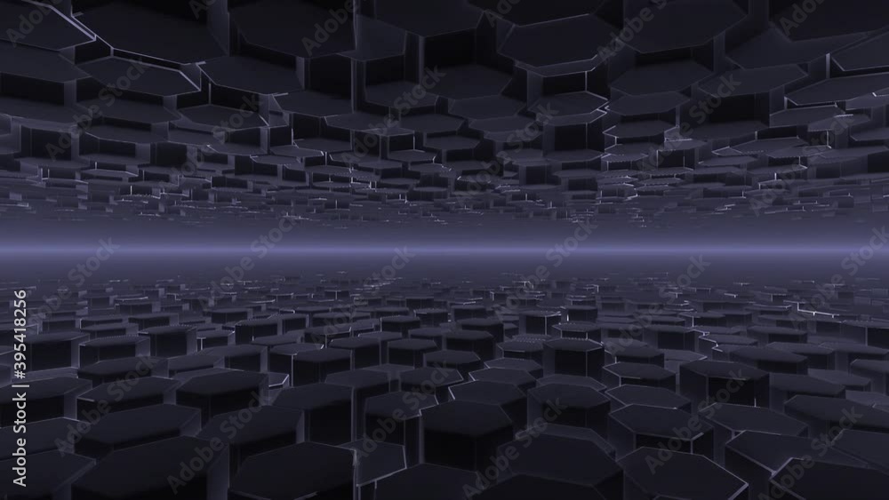 Poster hex hexagonal columns grid in 3d endless room with electrical signal