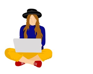 illustration drawing,  a women sit and playing notebook