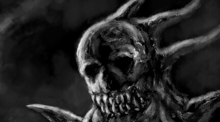 Creepy martian creature. Alien head illustration in horror fiction. Spooky image of beast from nightmares. Scary character concept art. Fantasy drawing for Halloween. Coal and noise effects picture.