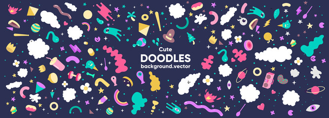 Wide vector print. Doodle style pattern. Background of abstract, cute, caramel objects.