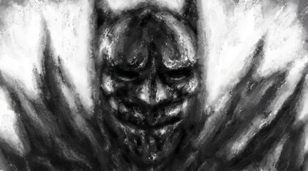Fototapeta premium Scary drawn superhero character. Illustration in genre of comic fiction. Spooky image of beast from nightmares. Gloomy character concept. Fantasy drawing for creepy Halloween. Coal and noise effects.